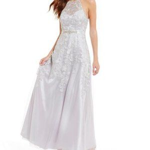 B. DARLIN High Neck Illusion Yoke Beaded Embroidered Ball Gown Size: 3/4